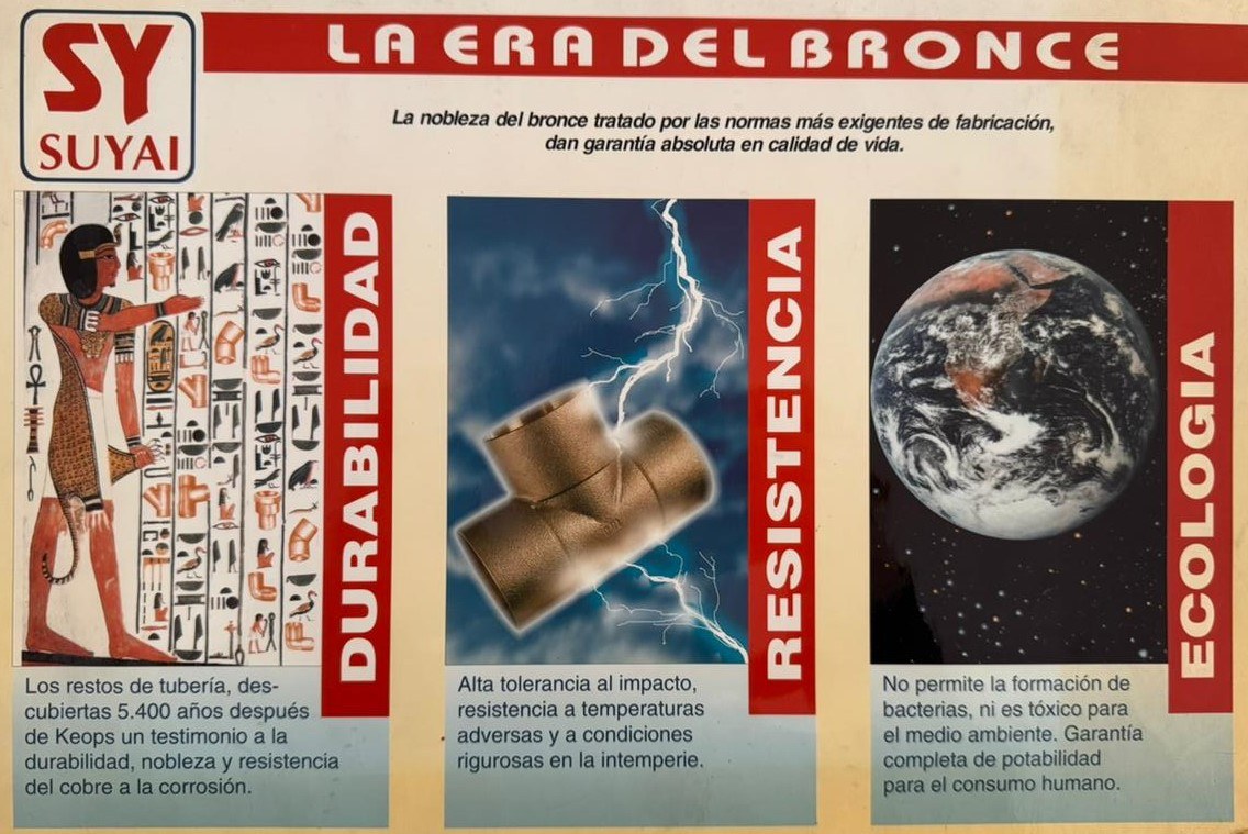 Folleto original Suyai · La Era del Bronce · 1996 — paneles Durabilidad, Resistencia y Ecología con argumentos sobre el bronce y el cobre
